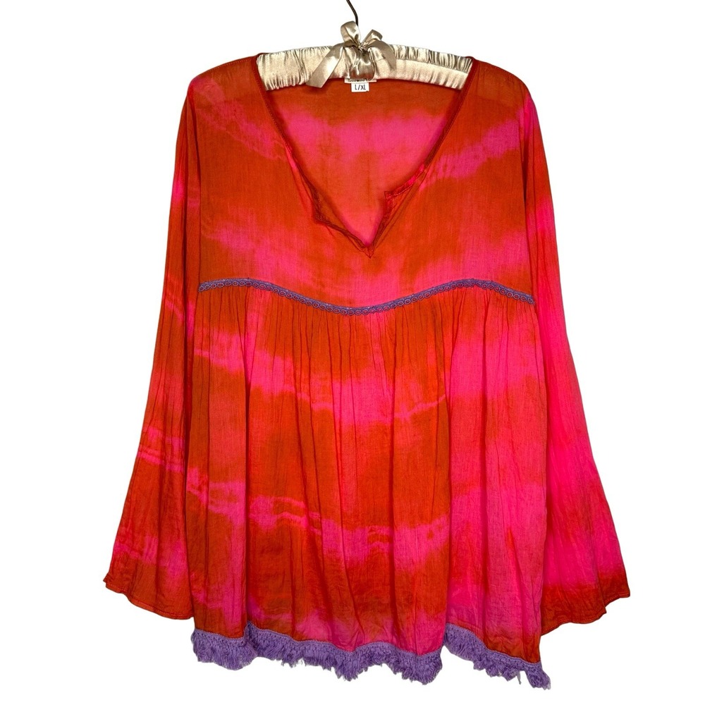 Natural Life Live Happy Tunic Top L/XL Boho Fringe 100% Lightweight Cotton